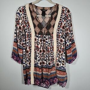 Ali Miles Floral Boho Blouse 100% Cotton Women's‎ Size Small Peasant Tunic Top